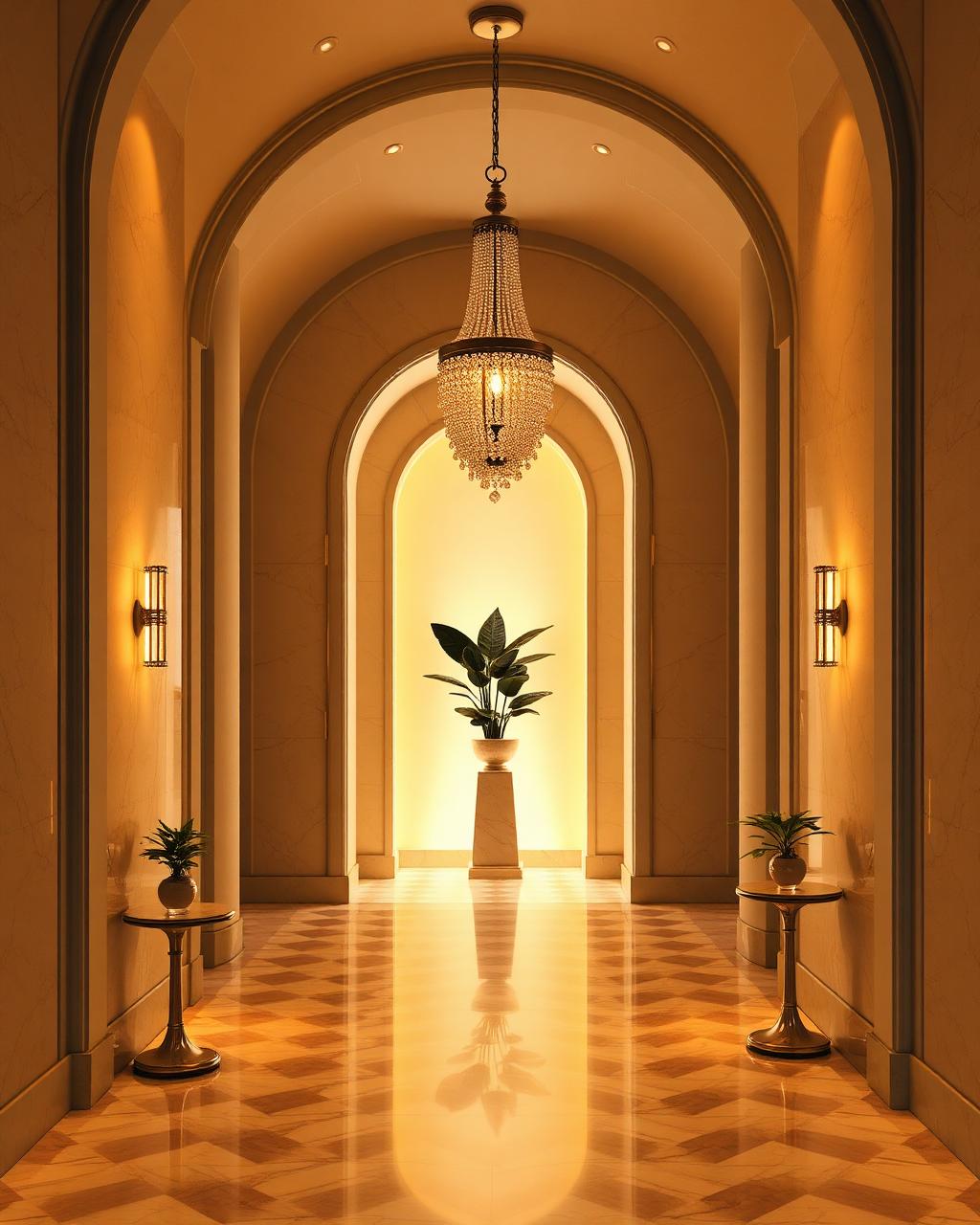 Arched luxury corridor with chandelier